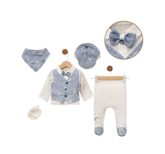 Nyfødt dress i musselin - Hvit og blå