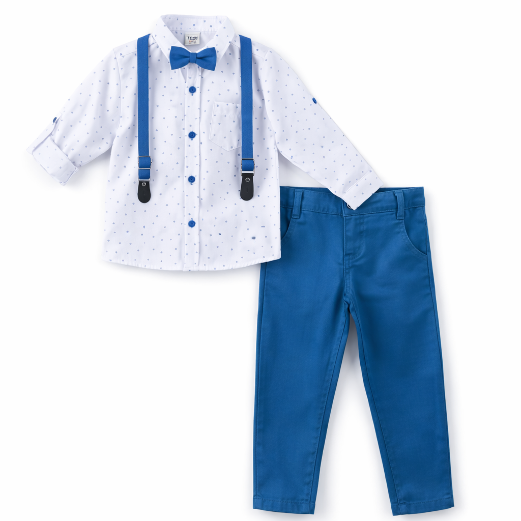 Skjorte- og buksesett med sløyfe og bukseseler