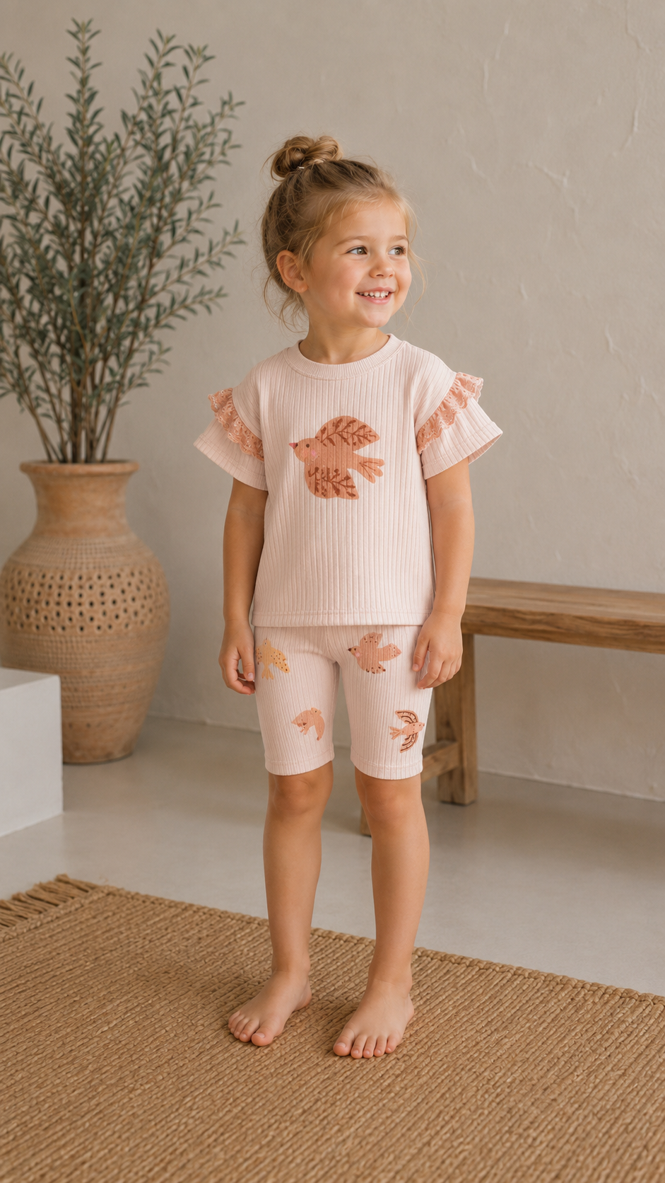 Topp- og shortssett - Fugl, Rosa