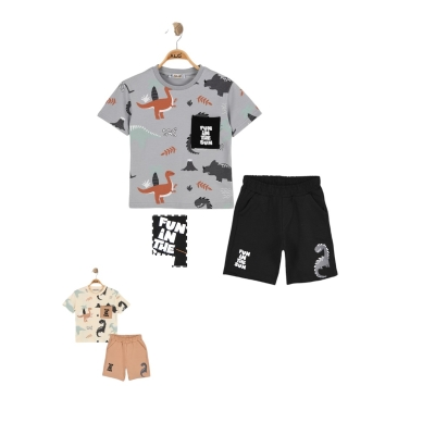 T-skjorte- og shortssett - Dinosaur, GrÄ og svart