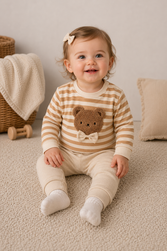 Bukse- og gensersett - Stripebjørn Beige
