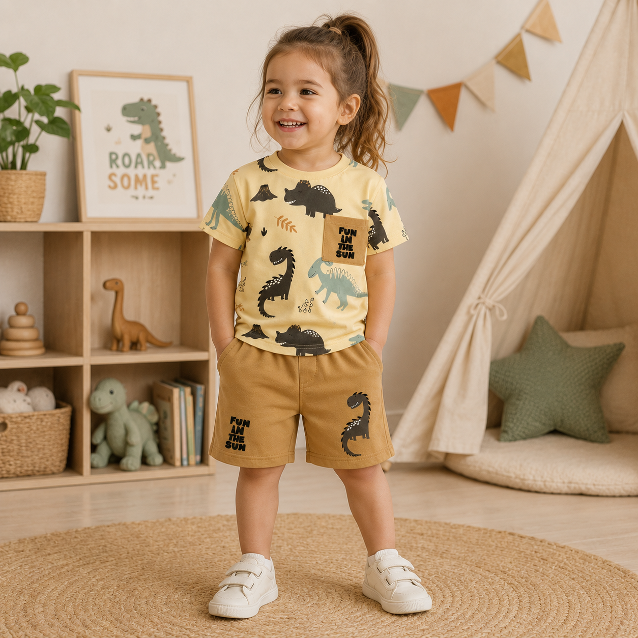 T-skjorte- og shortssett - Dinosaur Gul og beige