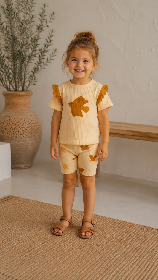 Topp- og shortssett - Fugl Gul